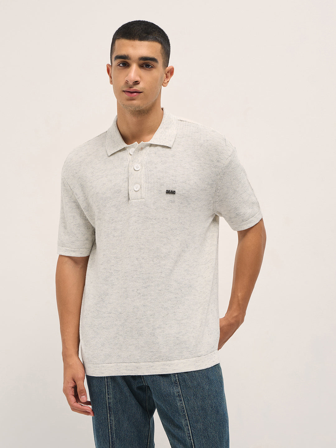 Men White Textured Knit Relaxed Fit Polo