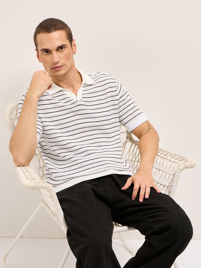 Men White Striped Cotton Polo