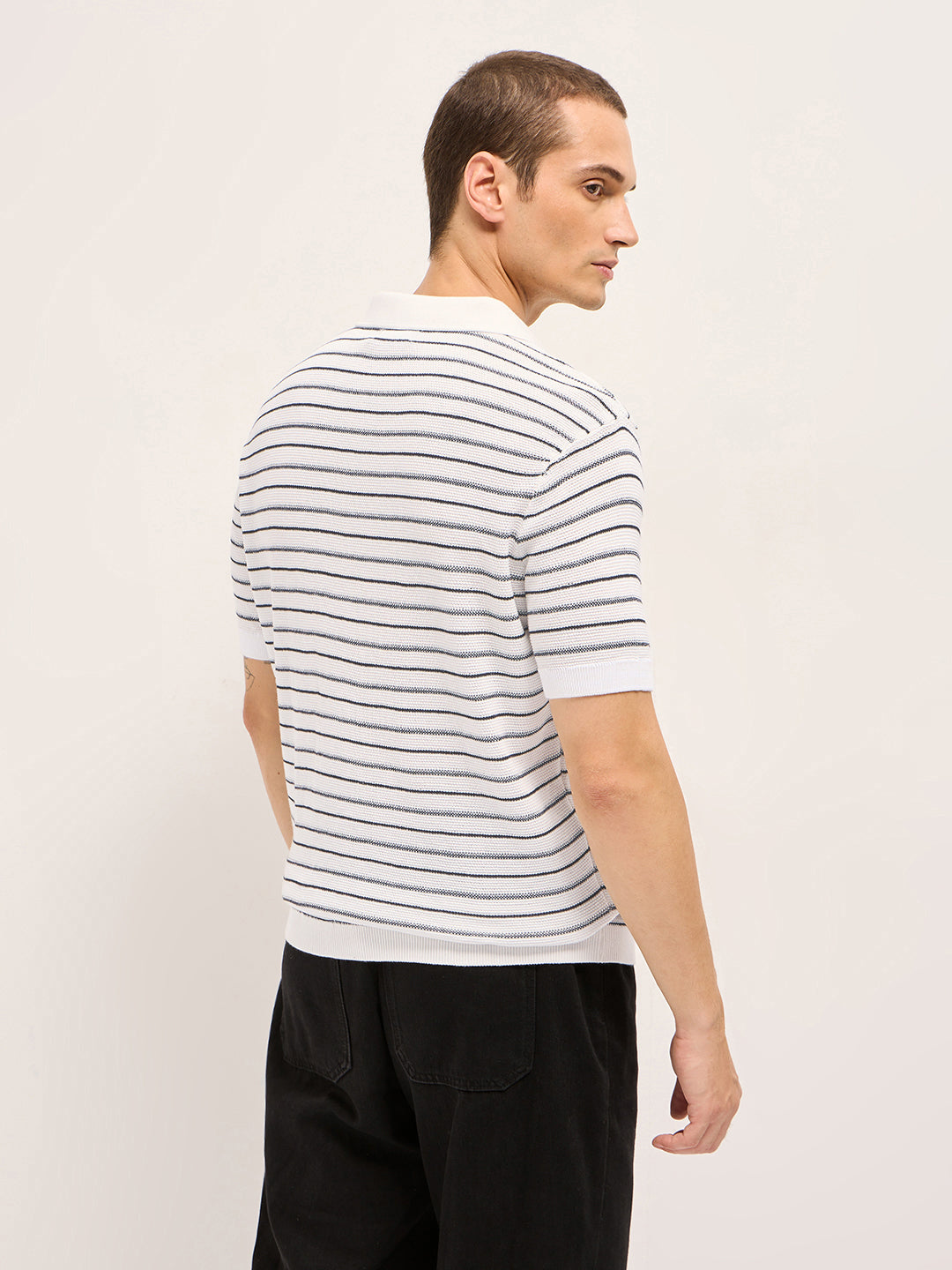 Men White Striped Cotton Polo