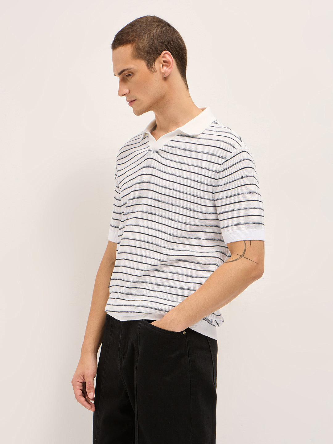 Men White Striped Cotton Polo