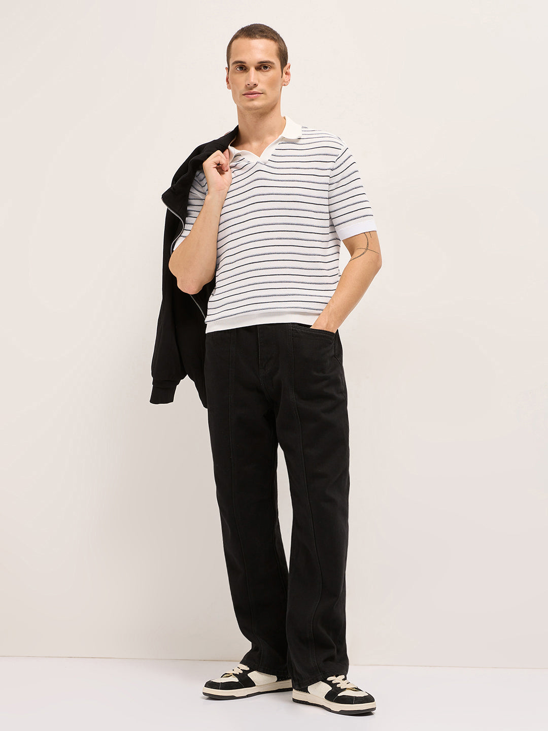 Men White Striped Cotton Polo
