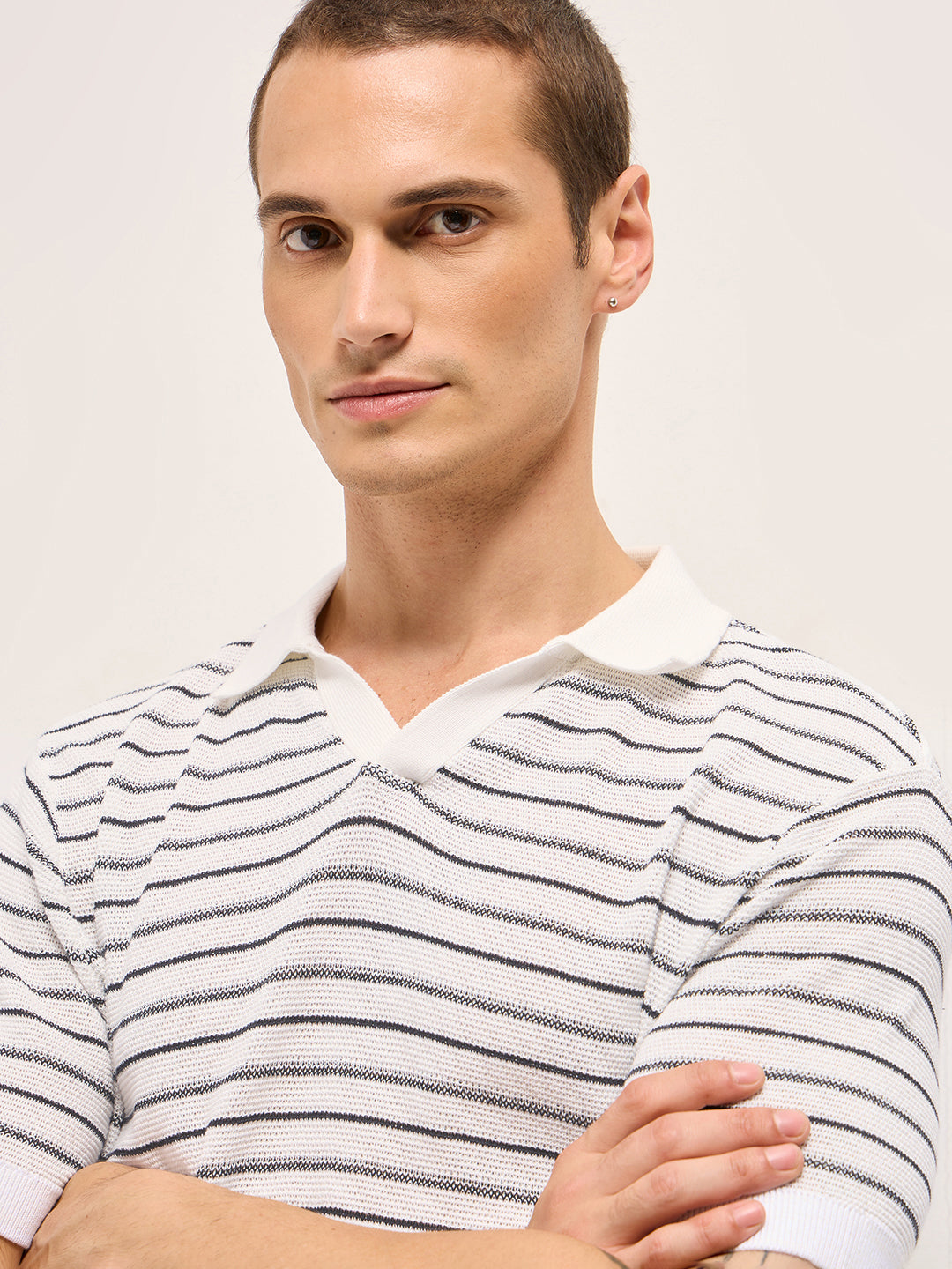 Men White Striped Cotton Polo