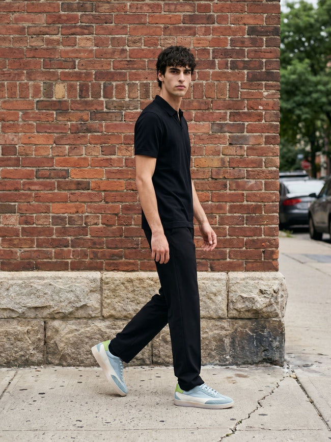 Men Black Solid Cotton Flat Knit Polo T-Shirt