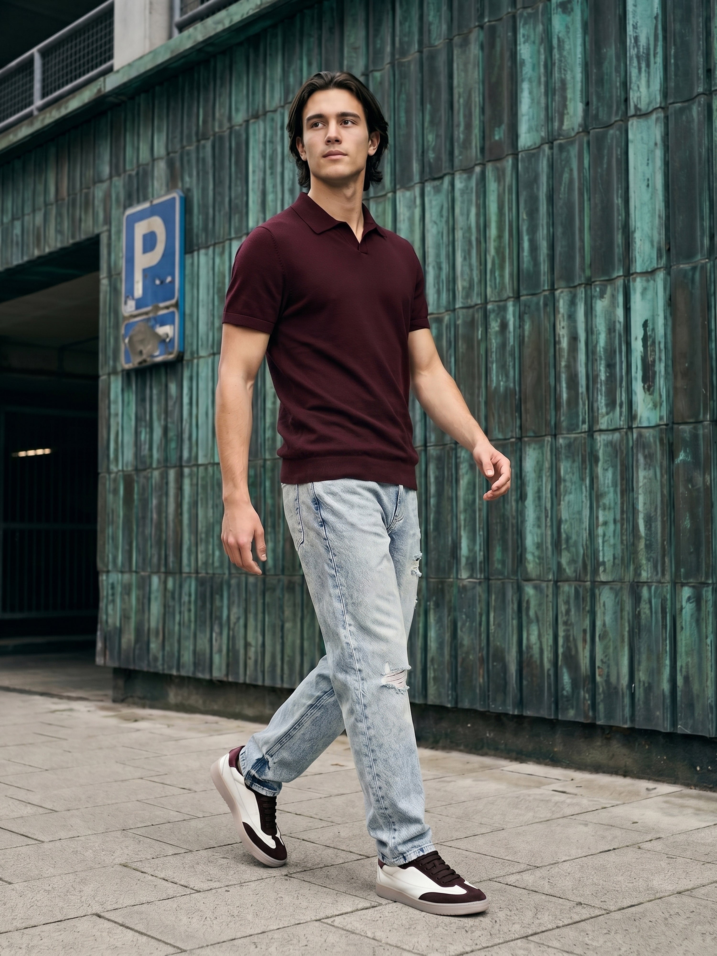 Men Maroon Solid Cotton Flat Knit Polo T-Shirt