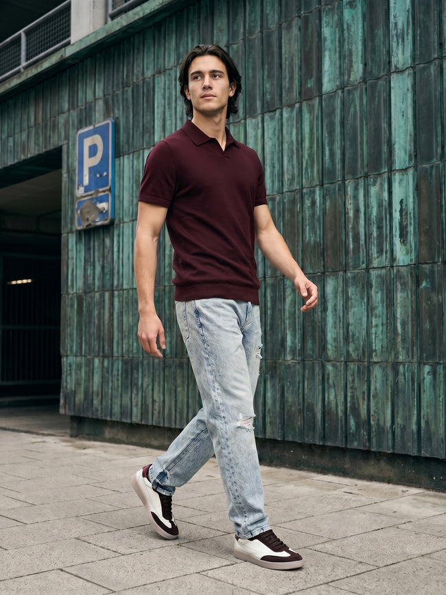 Men Maroon Solid Cotton Flat Knit Polo T-Shirt