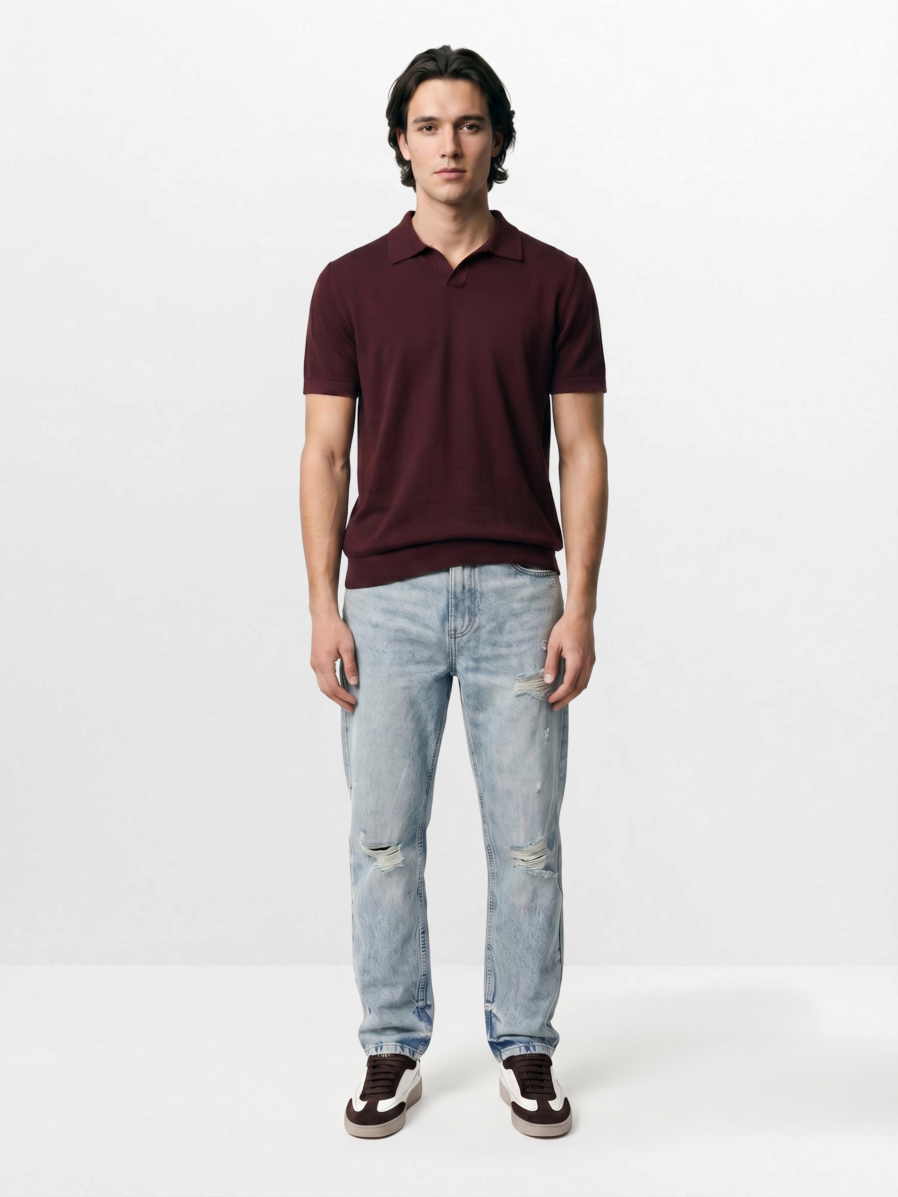 Men Maroon Solid Cotton Flat Knit Polo T-Shirt