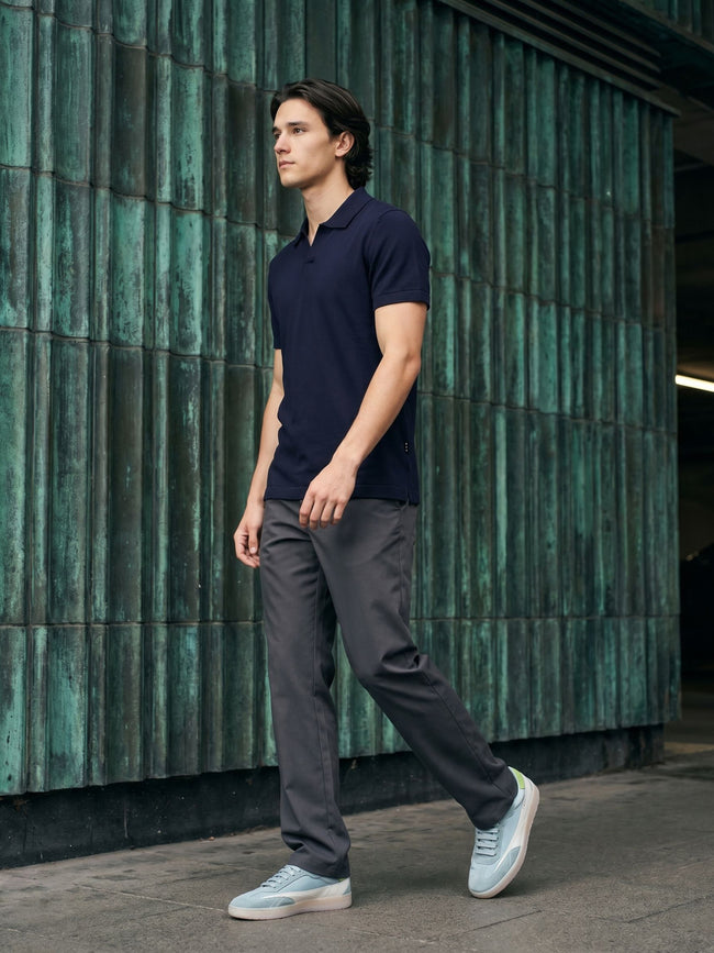 Men Navy Solid Cotton Flat Knit Polo T-Shirt