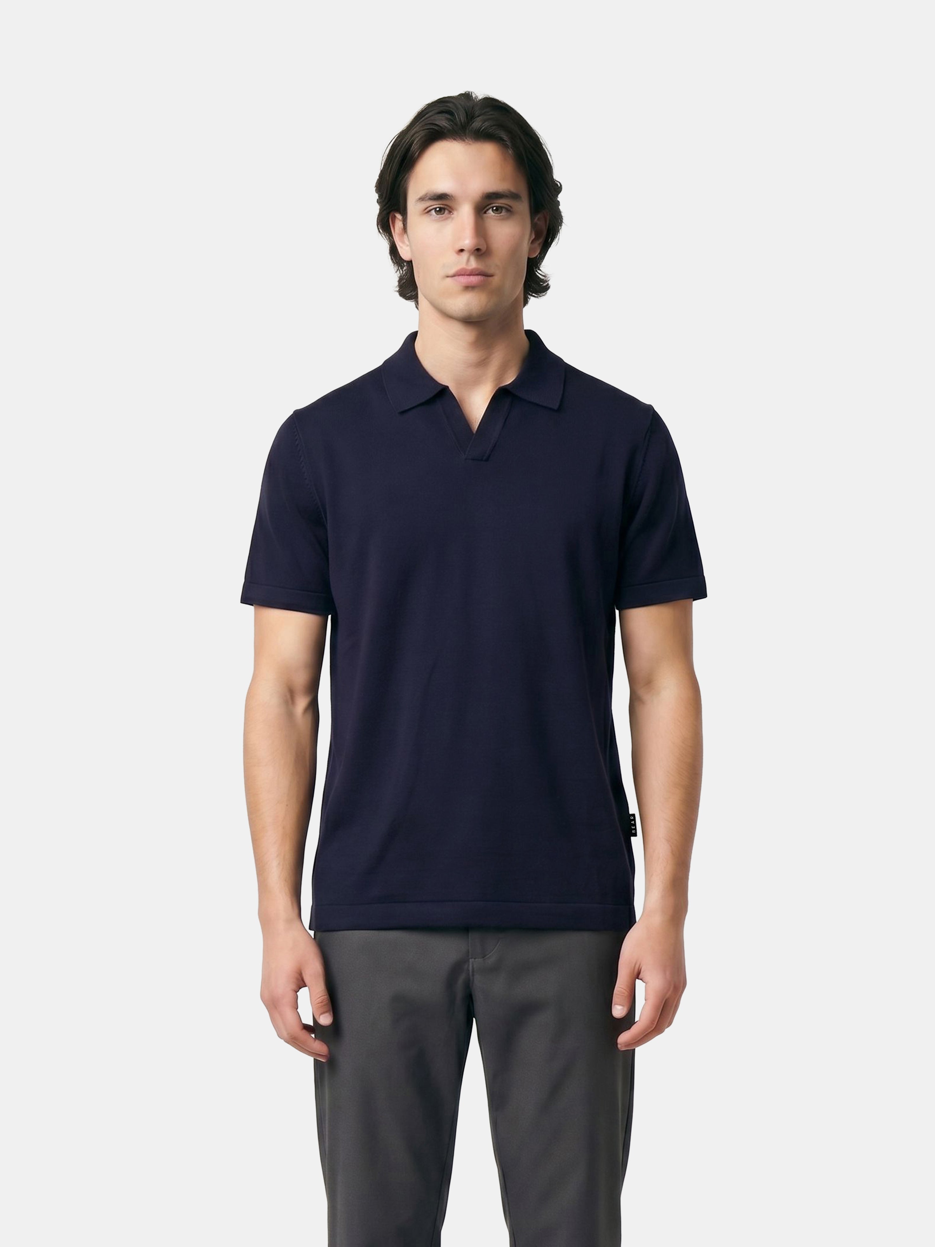 Men Navy Solid Cotton Flat Knit Polo T-Shirt