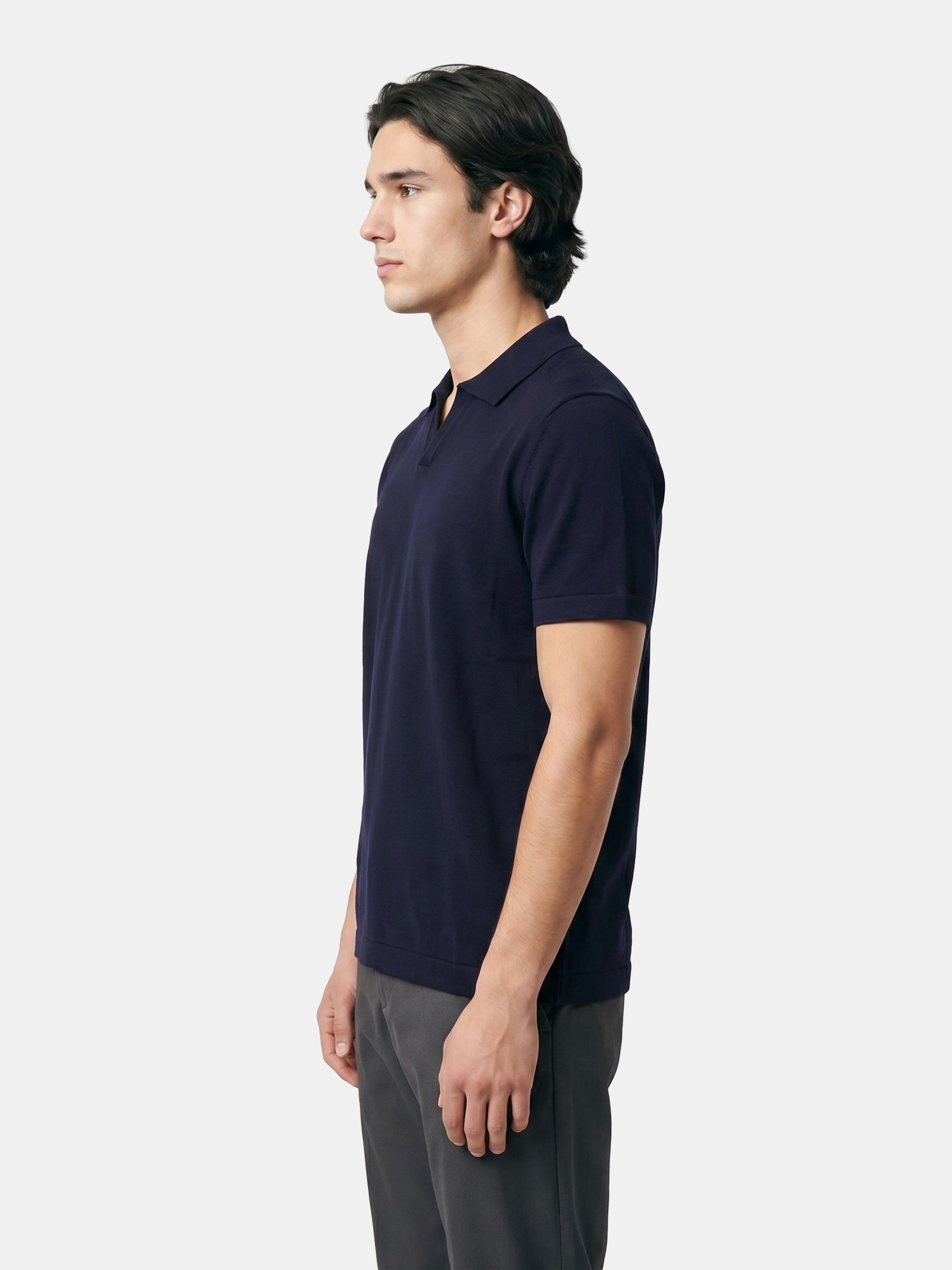 Men Navy Solid Cotton Flat Knit Polo T-Shirt