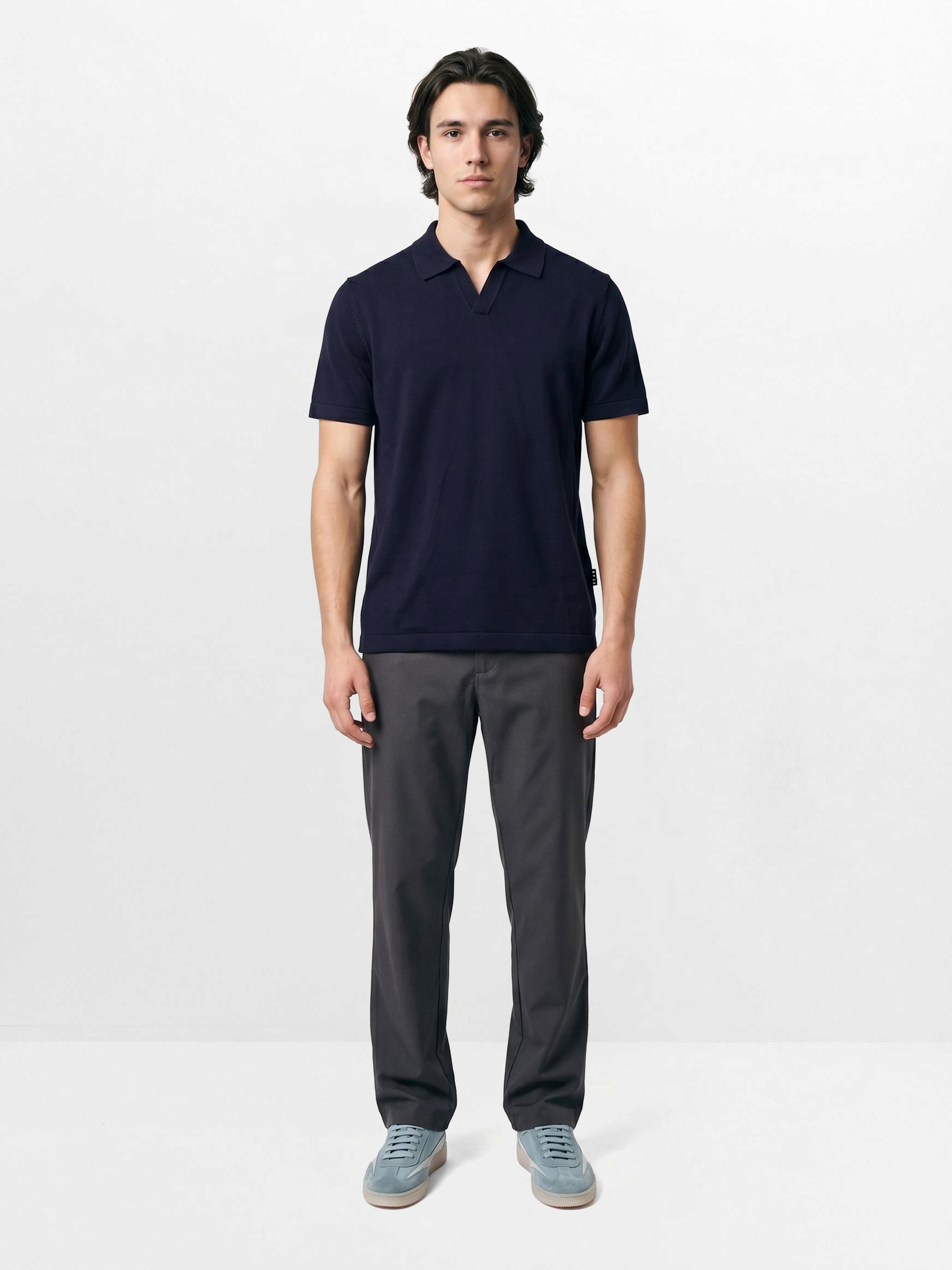 Men Navy Solid Cotton Flat Knit Polo T-Shirt