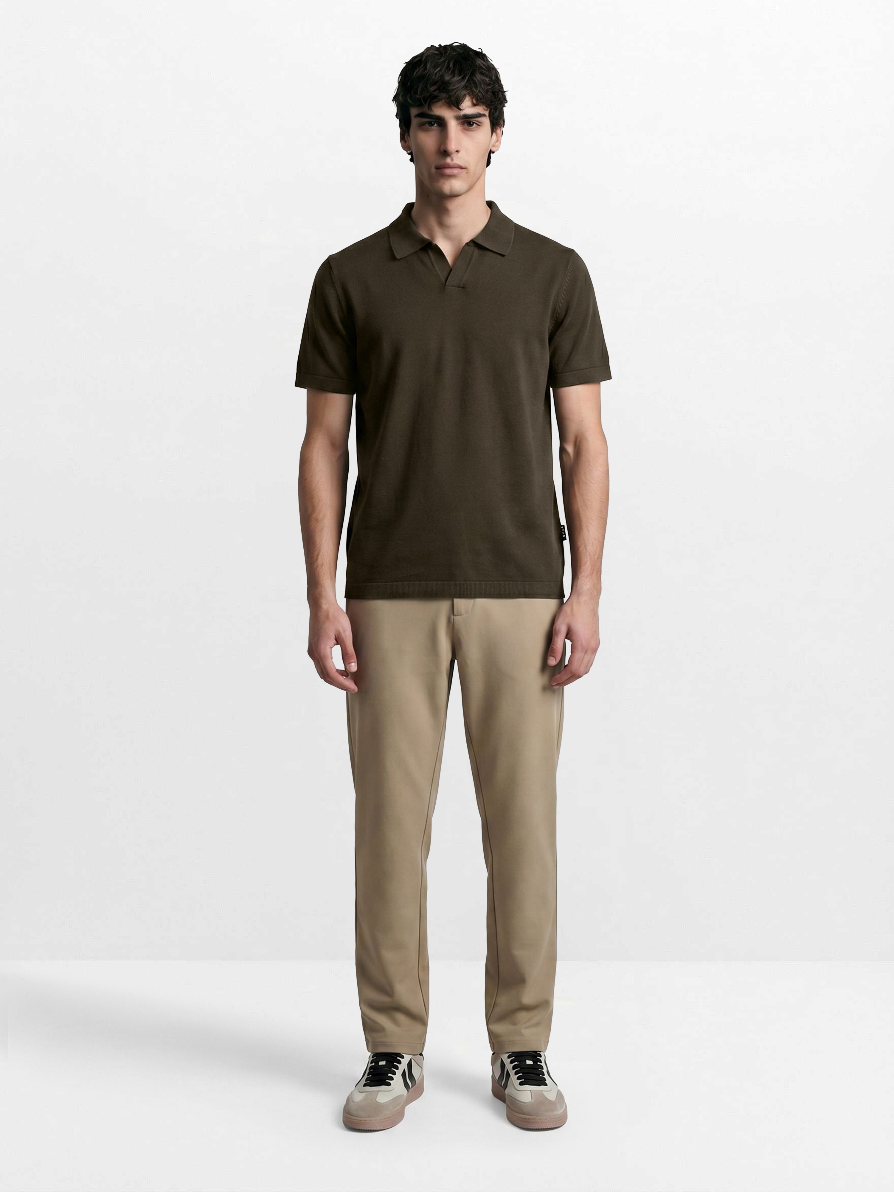 Men Olive Solid Cotton Flat Knit Polo T-Shirt