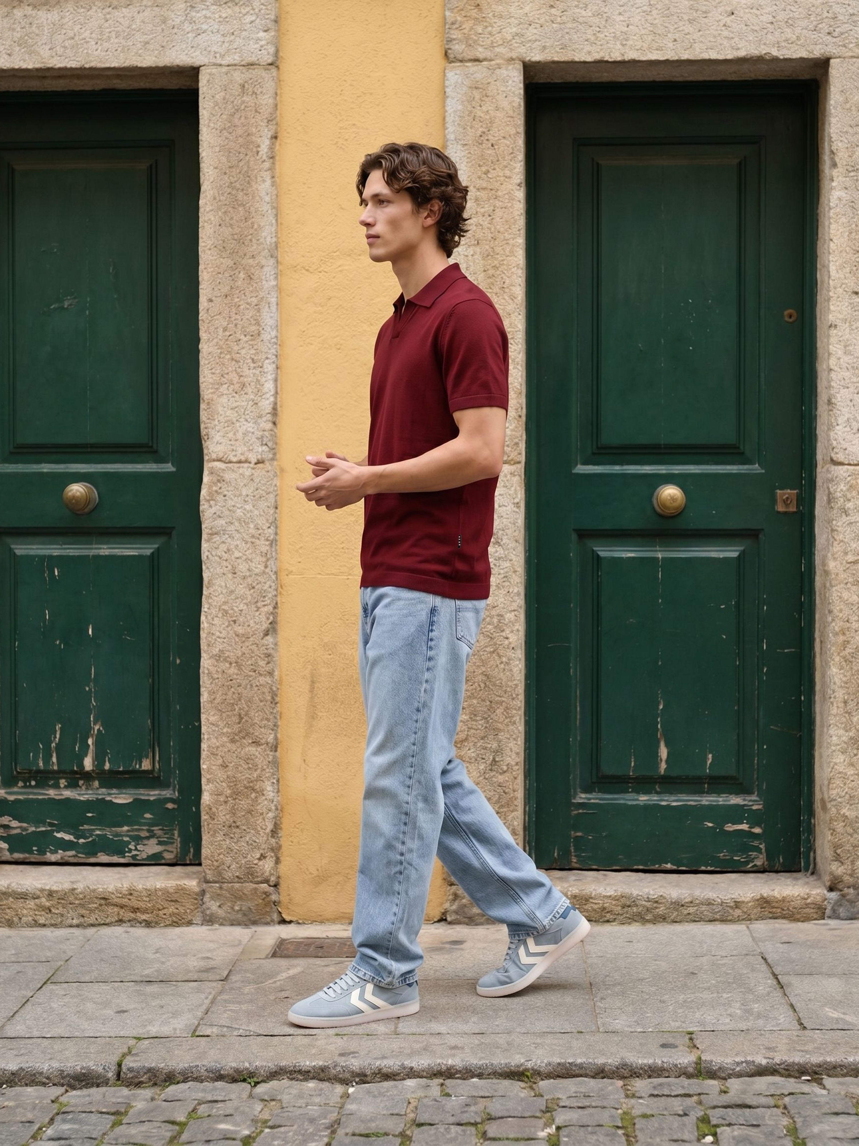 Men Red Solid Cotton Flat Knit Polo T-Shirt