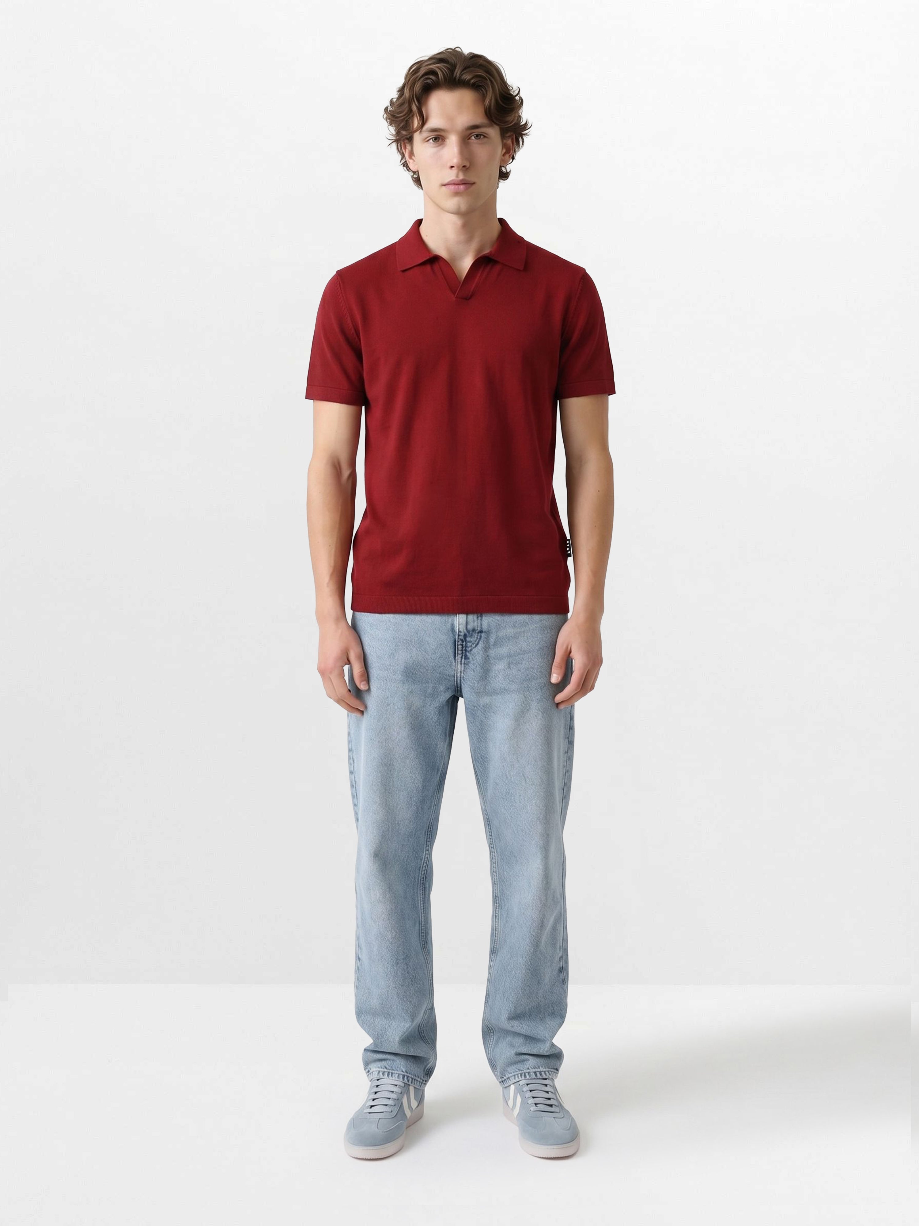 Men Red Solid Cotton Flat Knit Polo T-Shirt