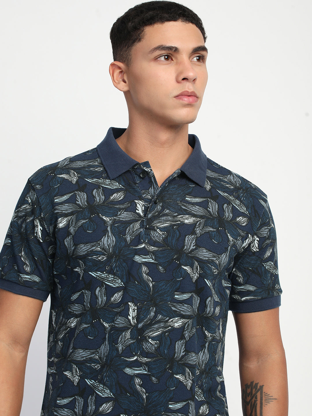 Men Blue Printed Slim Fit Polo T-Shirt
