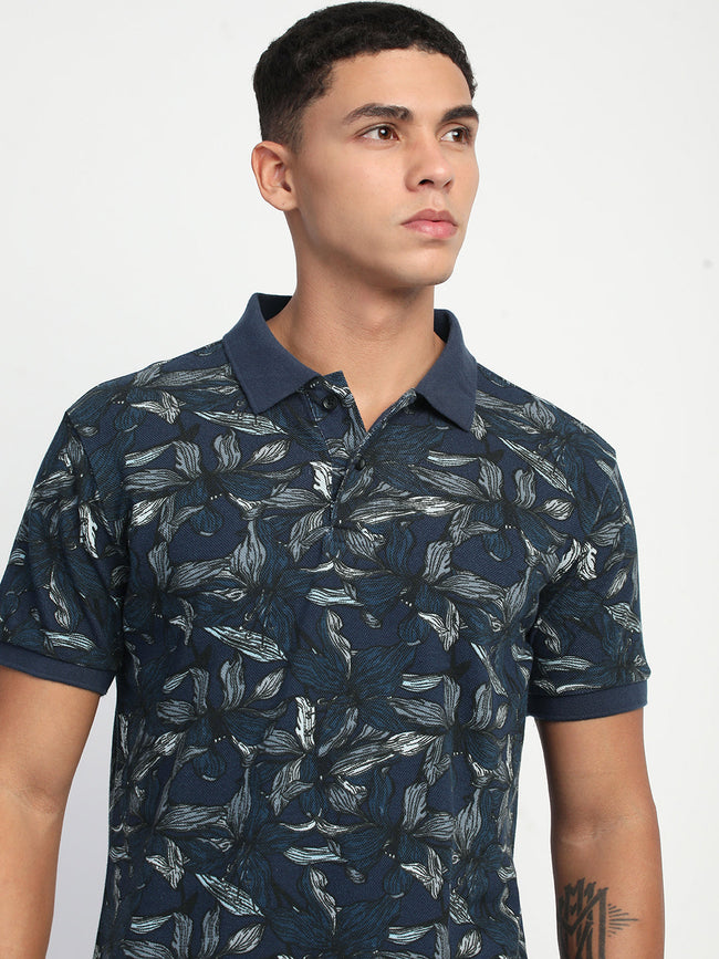 Men Blue Printed Slim Fit Polo T-Shirt