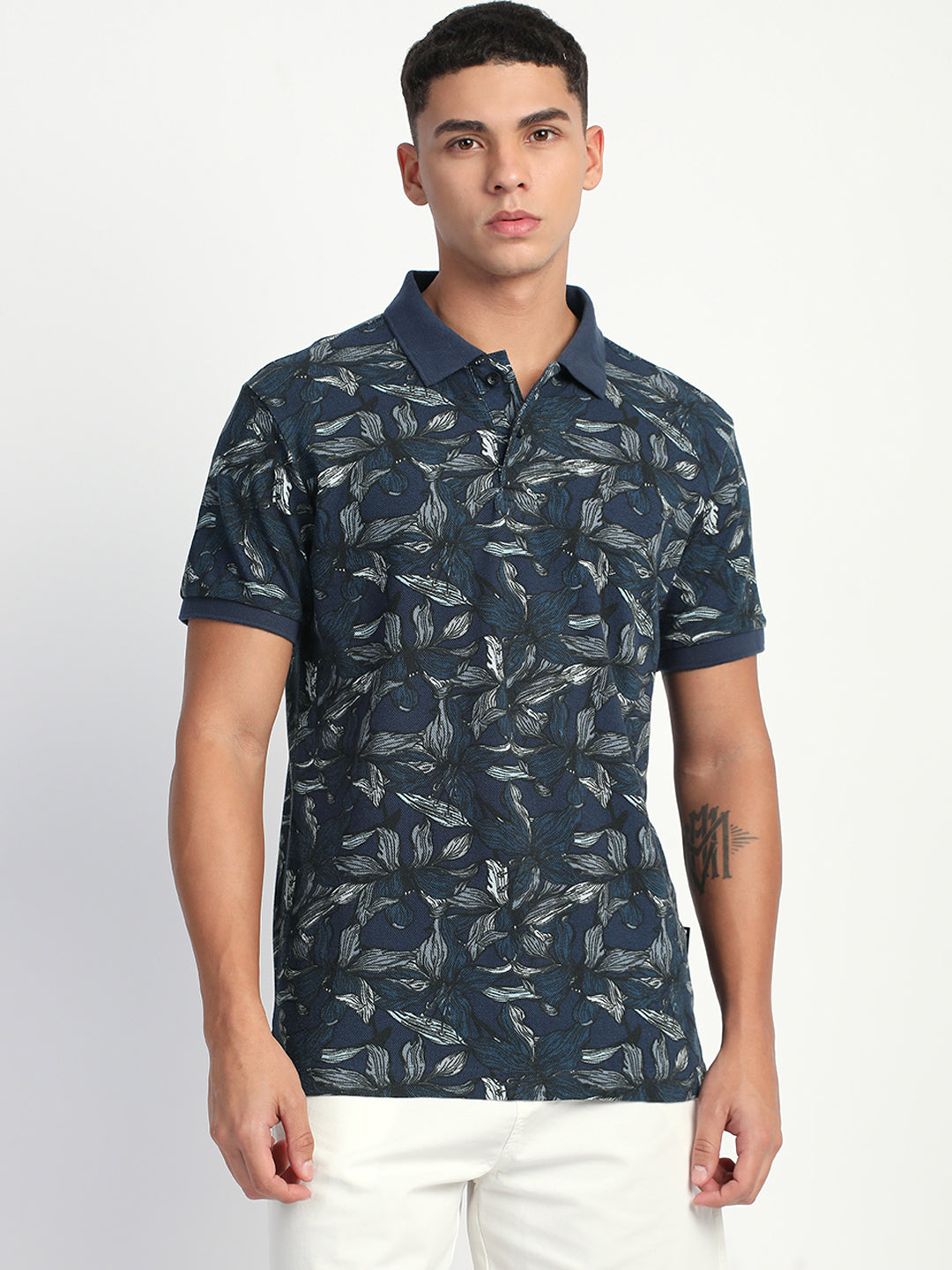 Men Blue Printed Slim Fit Polo T-Shirt