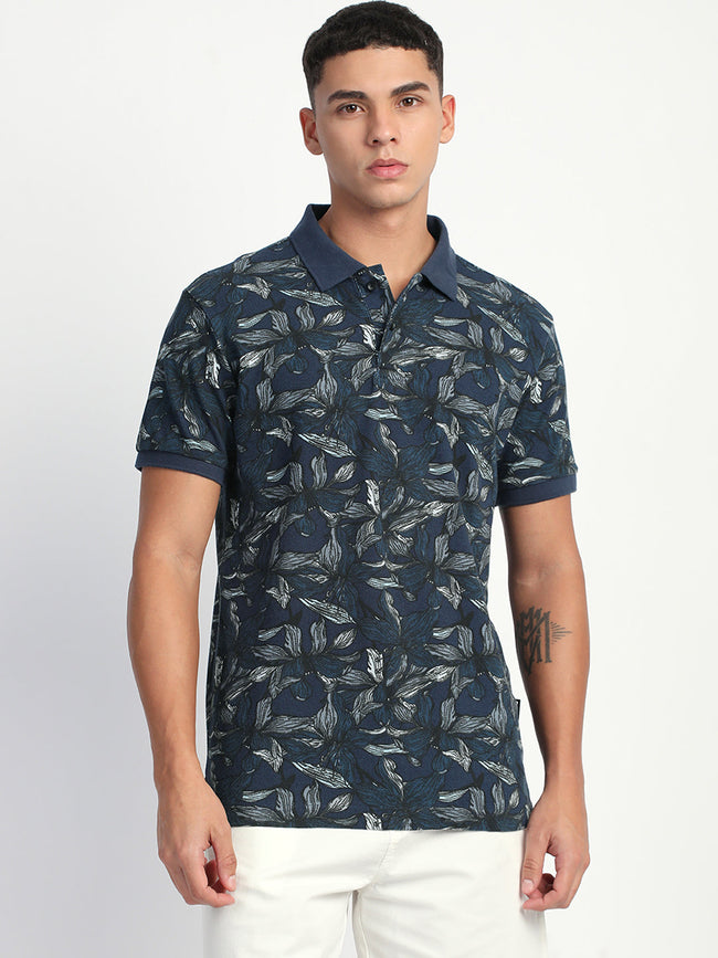 Men Blue Printed Slim Fit Polo T-Shirt