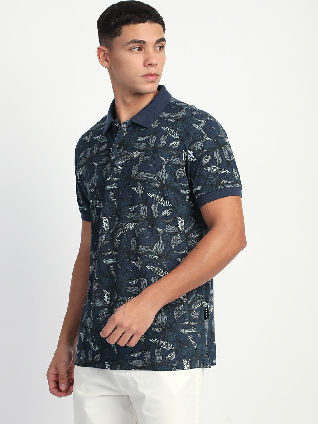 Men Blue Printed Slim Fit Polo T-Shirt