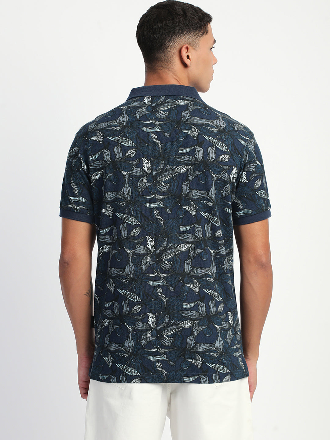 Men Blue Printed Slim Fit Polo T-Shirt