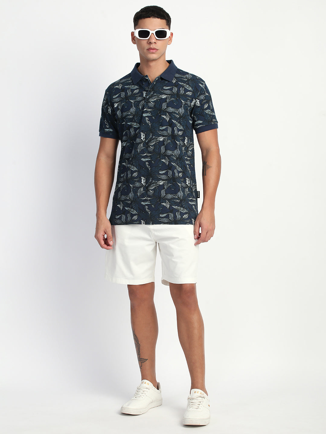 Men Blue Printed Slim Fit Polo T-Shirt