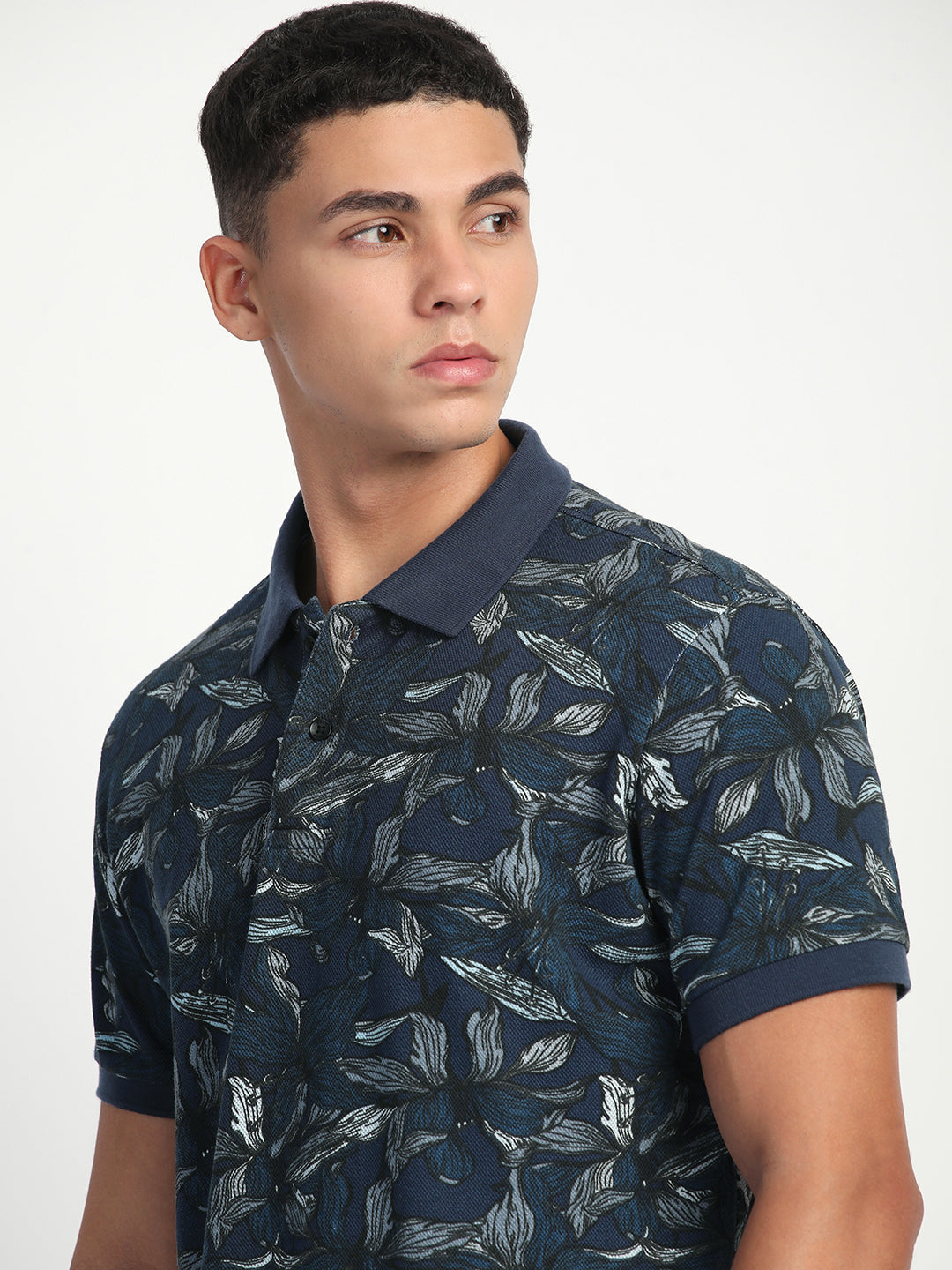 Men Blue Printed Slim Fit Polo T-Shirt