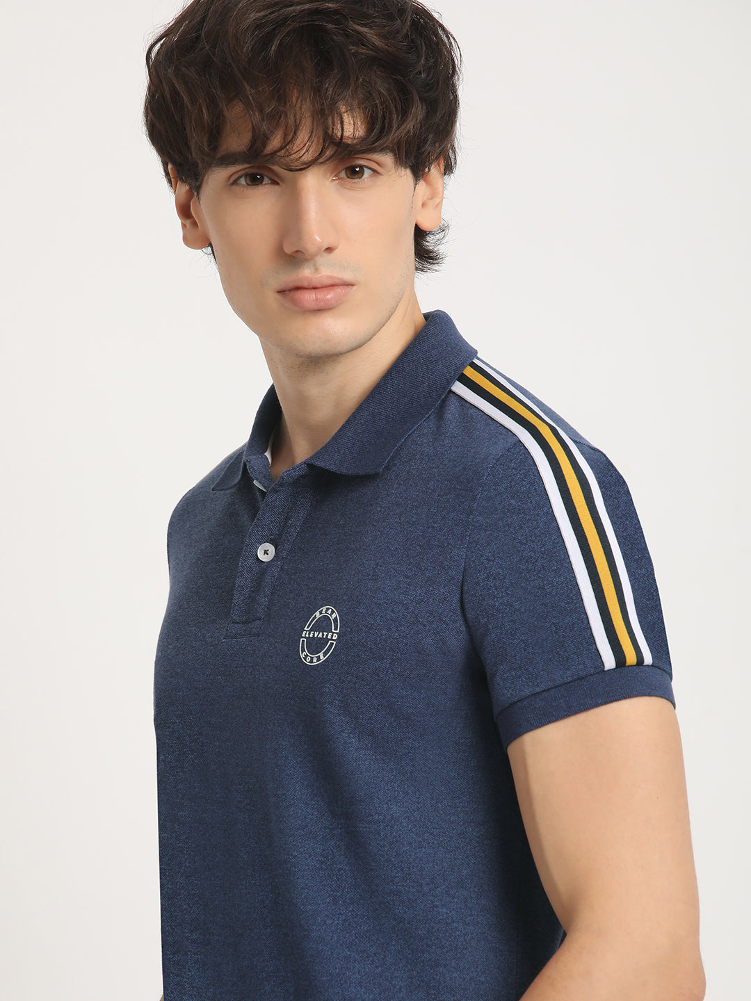 Men Blue Self Design Slim Fit Polo Collar T-shirt