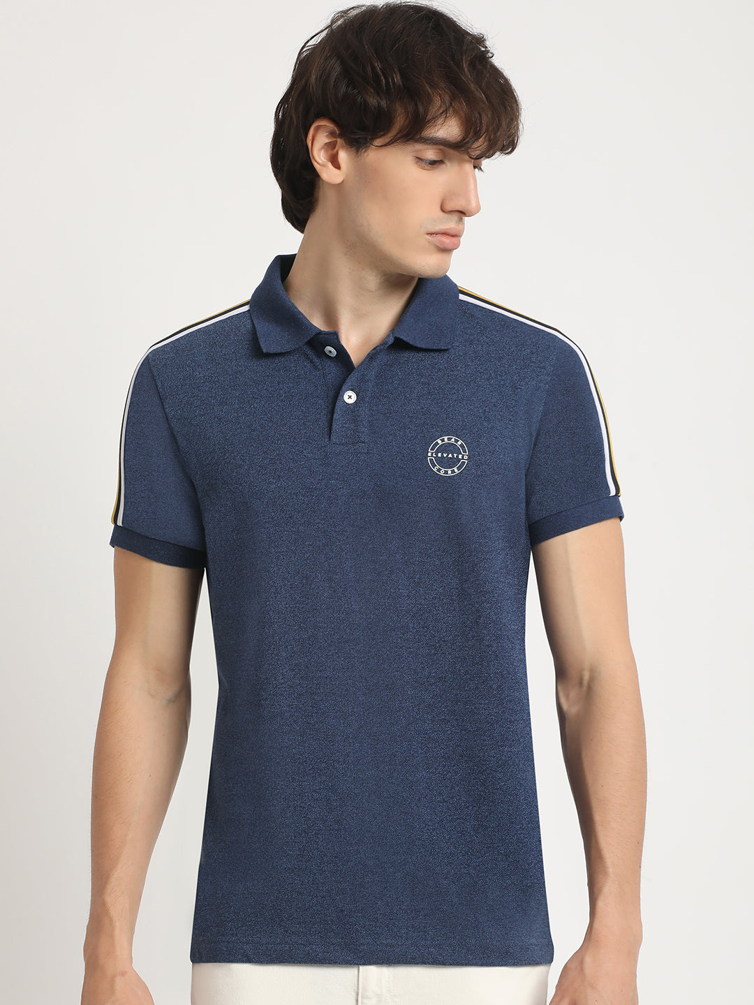 Men Blue Self Design Slim Fit Polo Collar T-shirt