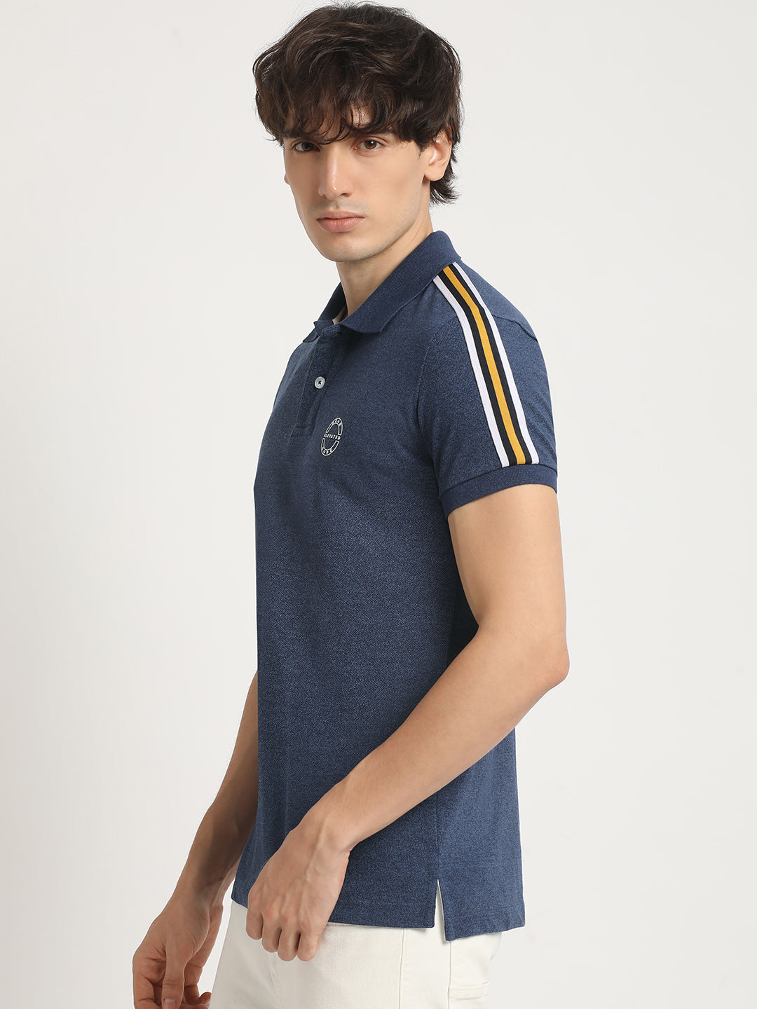 Men Blue Self Design Slim Fit Polo Collar T-shirt