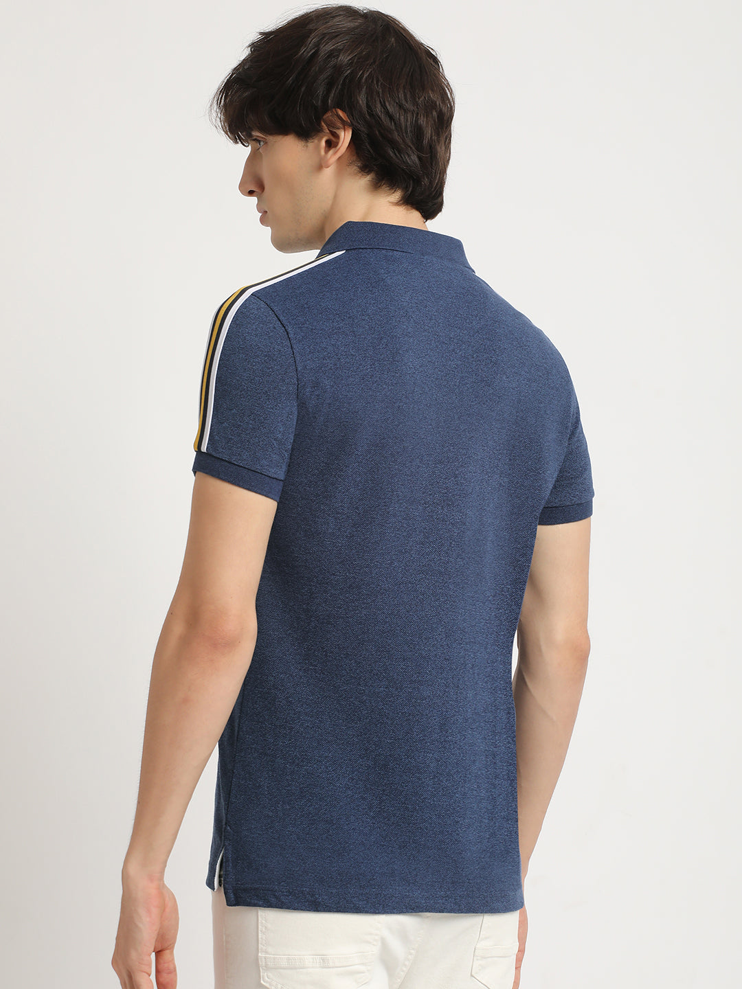 Men Blue Self Design Slim Fit Polo Collar T-shirt