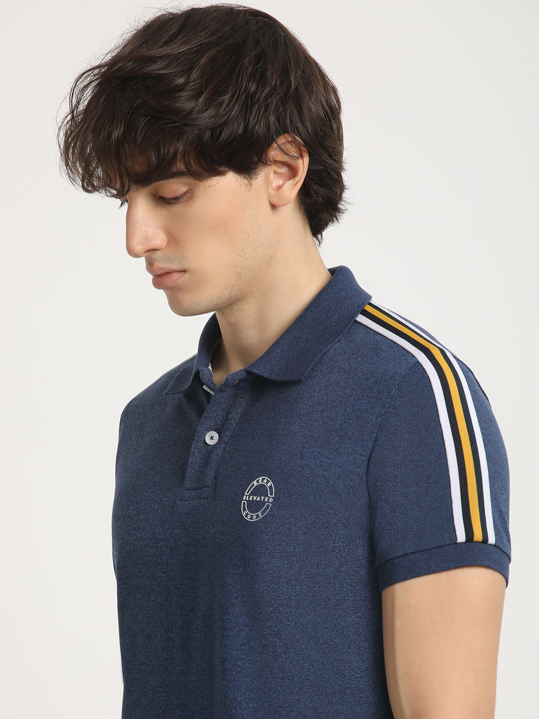 Men Blue Self Design Slim Fit Polo Collar T-shirt