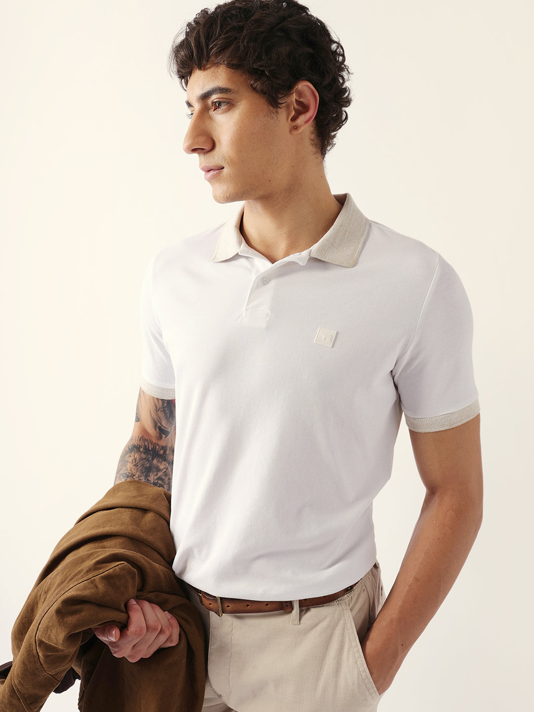 Men White Solid Cotton Polo
