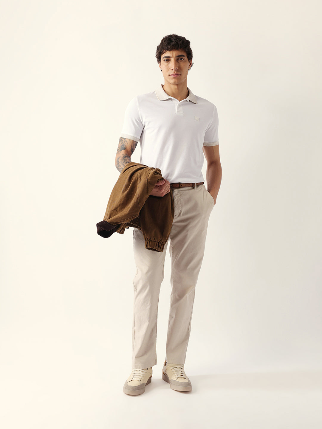 Men White Solid Cotton Polo