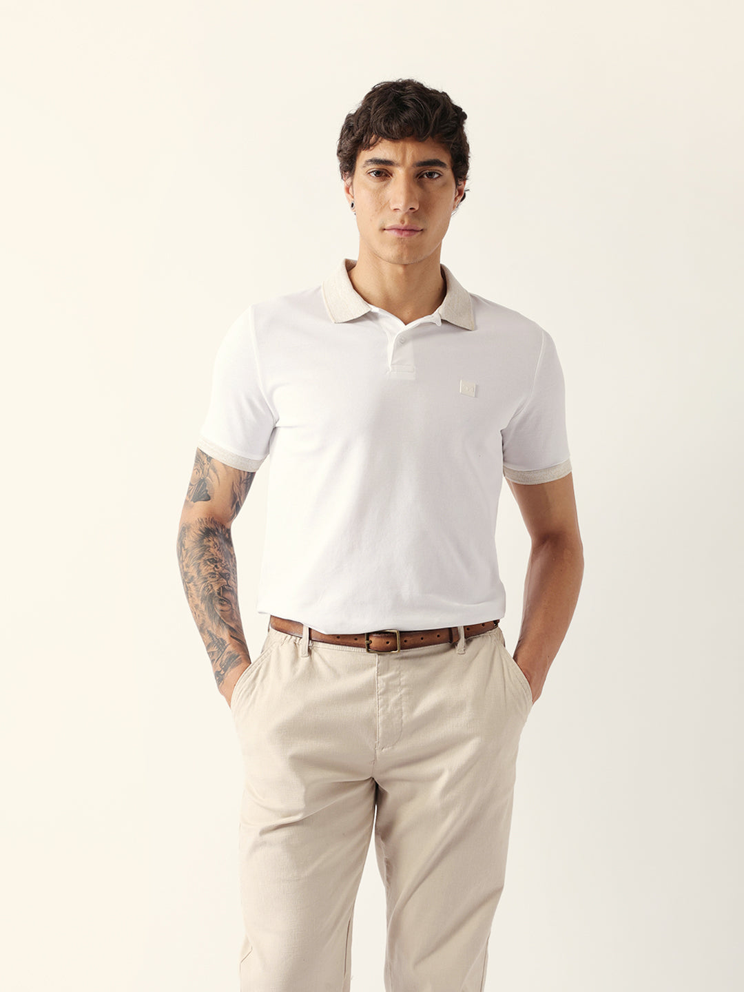 Men White Solid Cotton Polo