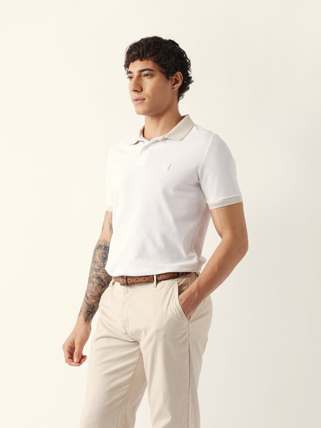Men White Solid Cotton Polo