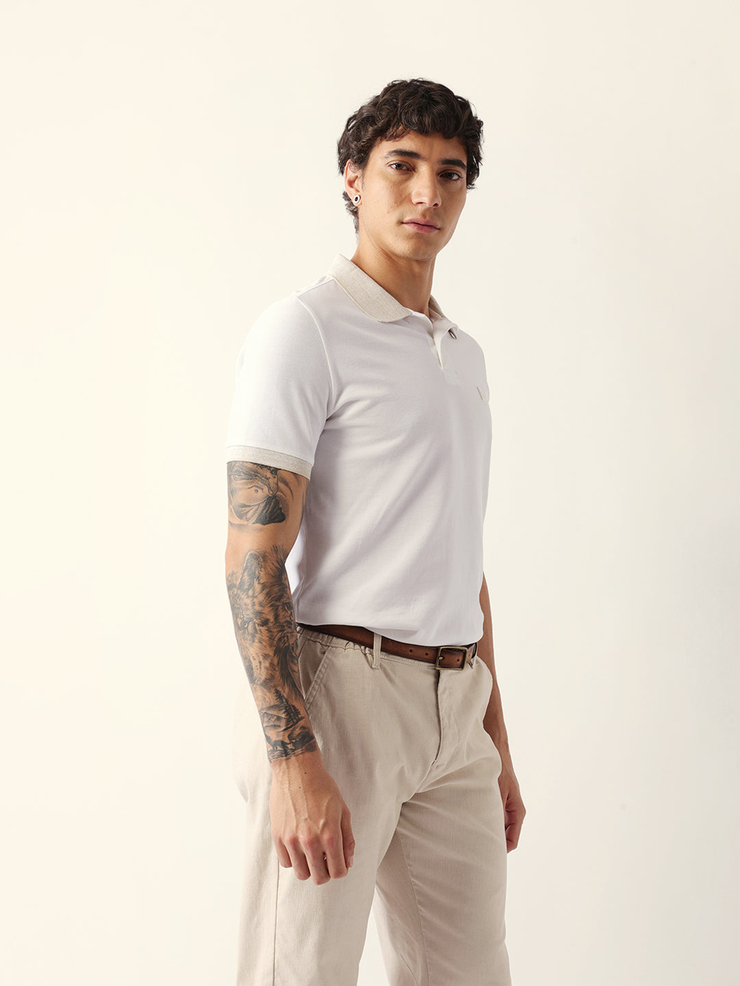 Men White Solid Cotton Polo