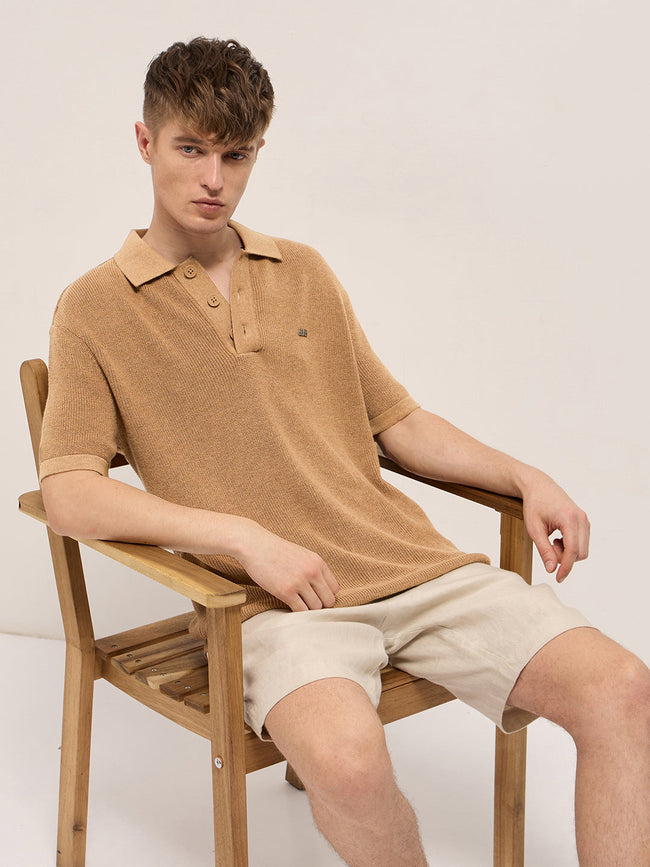 Men Mustard Textured Knit Relaxed Fit Polo