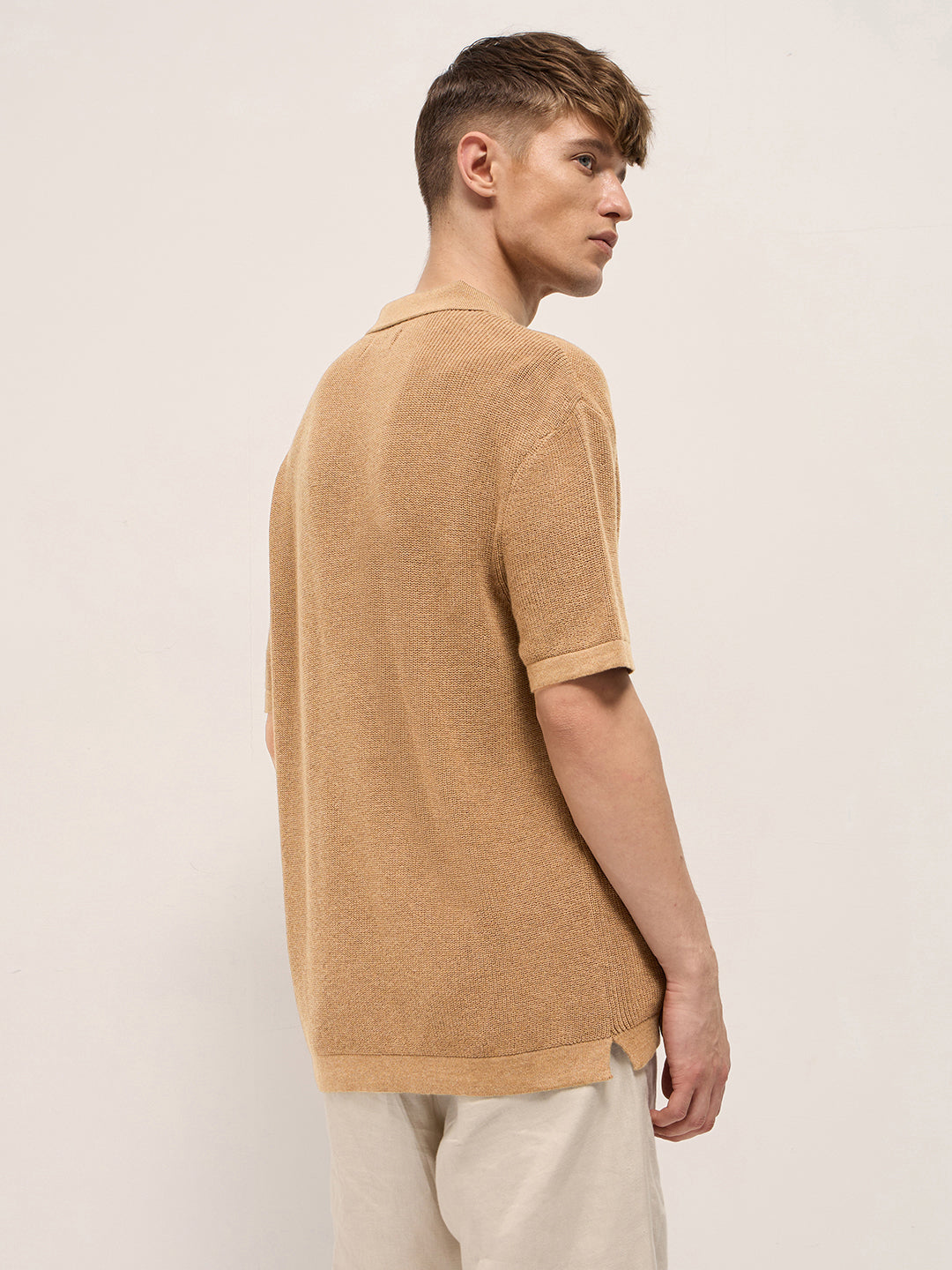 Men Mustard Textured Knit Relaxed Fit Polo