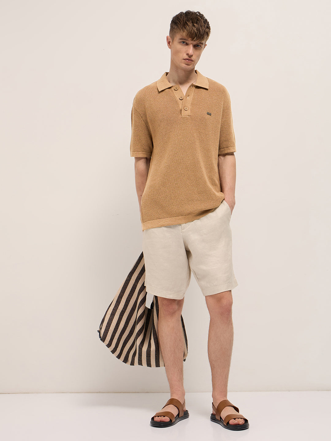 Men Mustard Textured Knit Relaxed Fit Polo