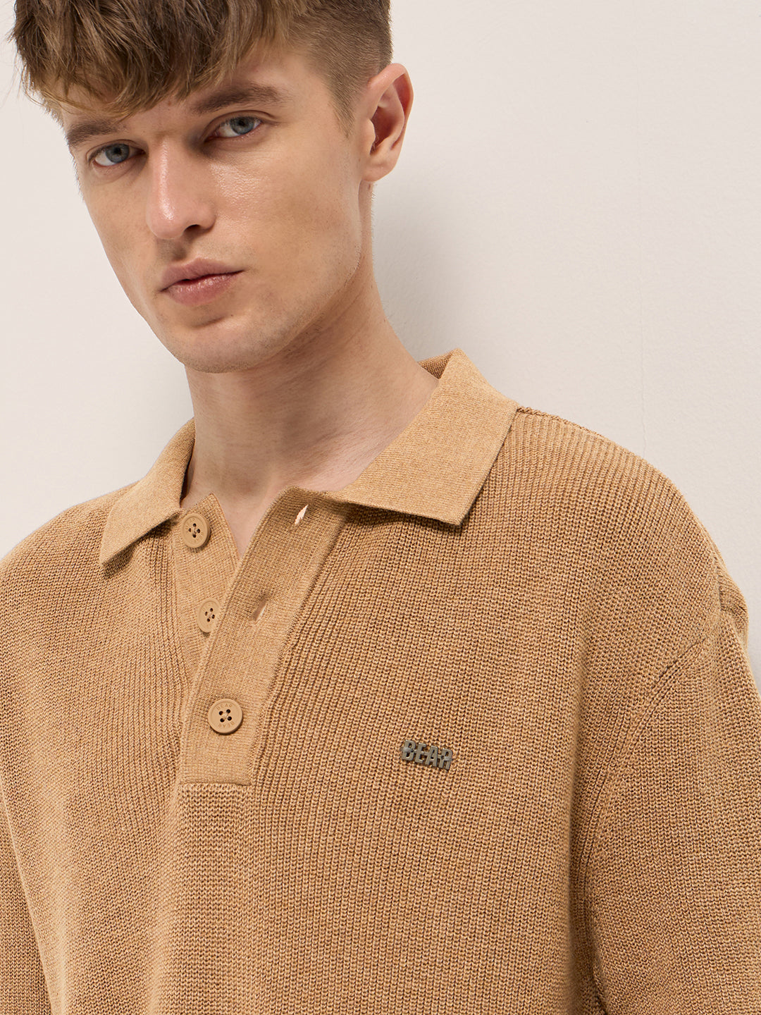 Men Mustard Textured Knit Relaxed Fit Polo