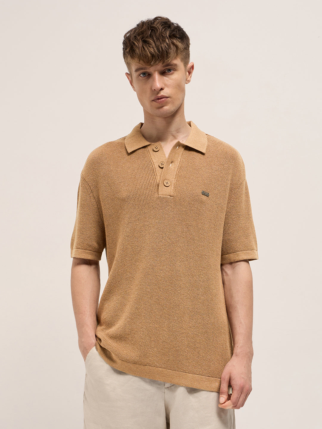 Men Mustard Textured Knit Relaxed Fit Polo
