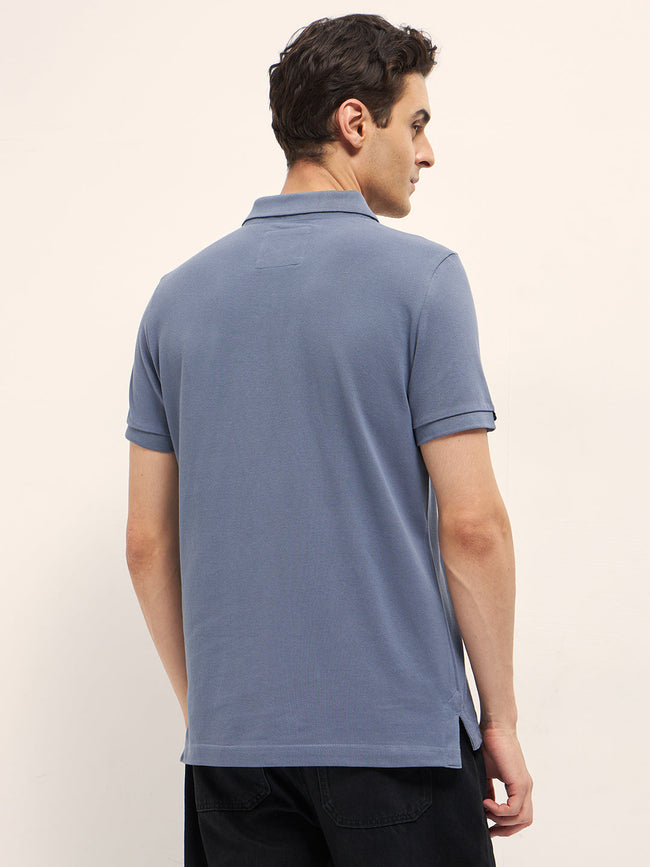 Men Blue Solid Regular Fit Polo