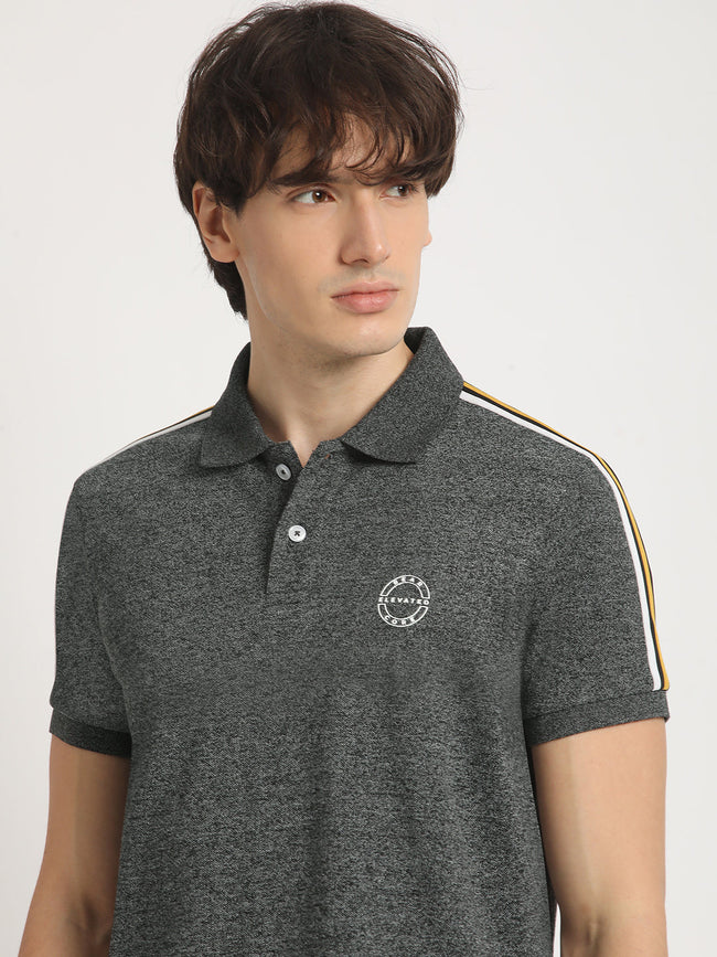 Men Grey Self Design Slim Fit Polo Collar T-shirt