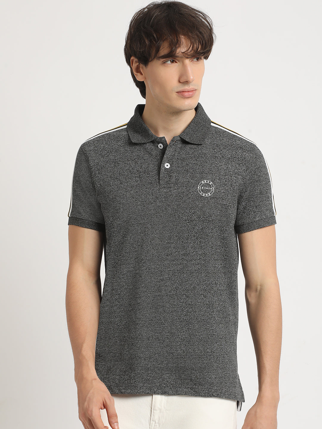Men Grey Self Design Slim Fit Polo Collar T-shirt