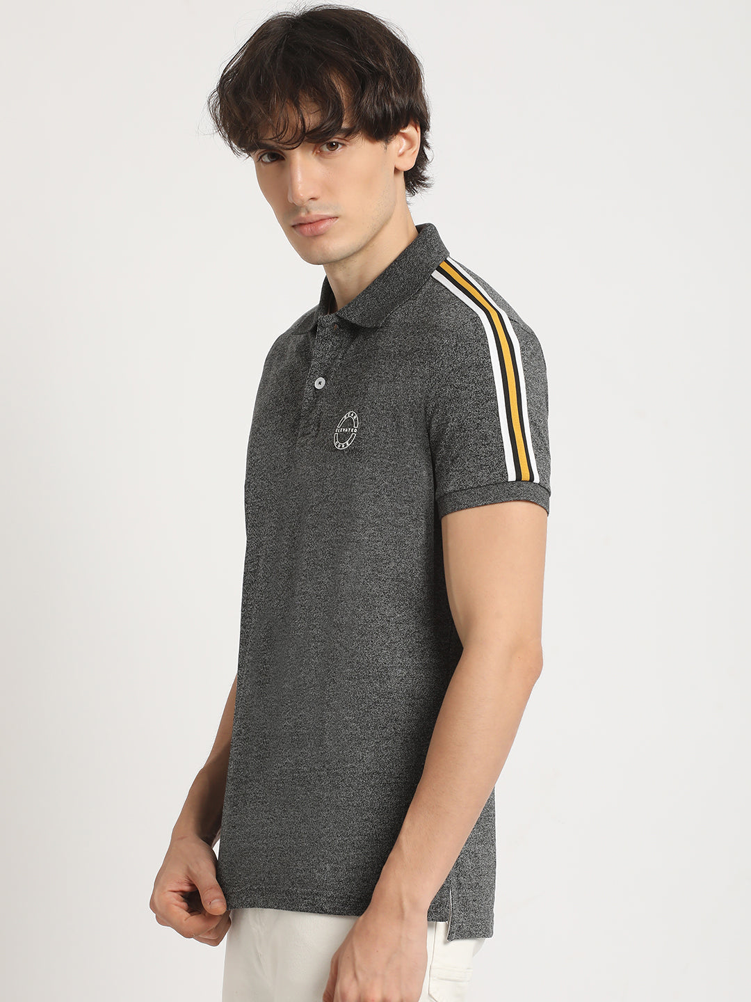 Men Grey Self Design Slim Fit Polo Collar T-shirt