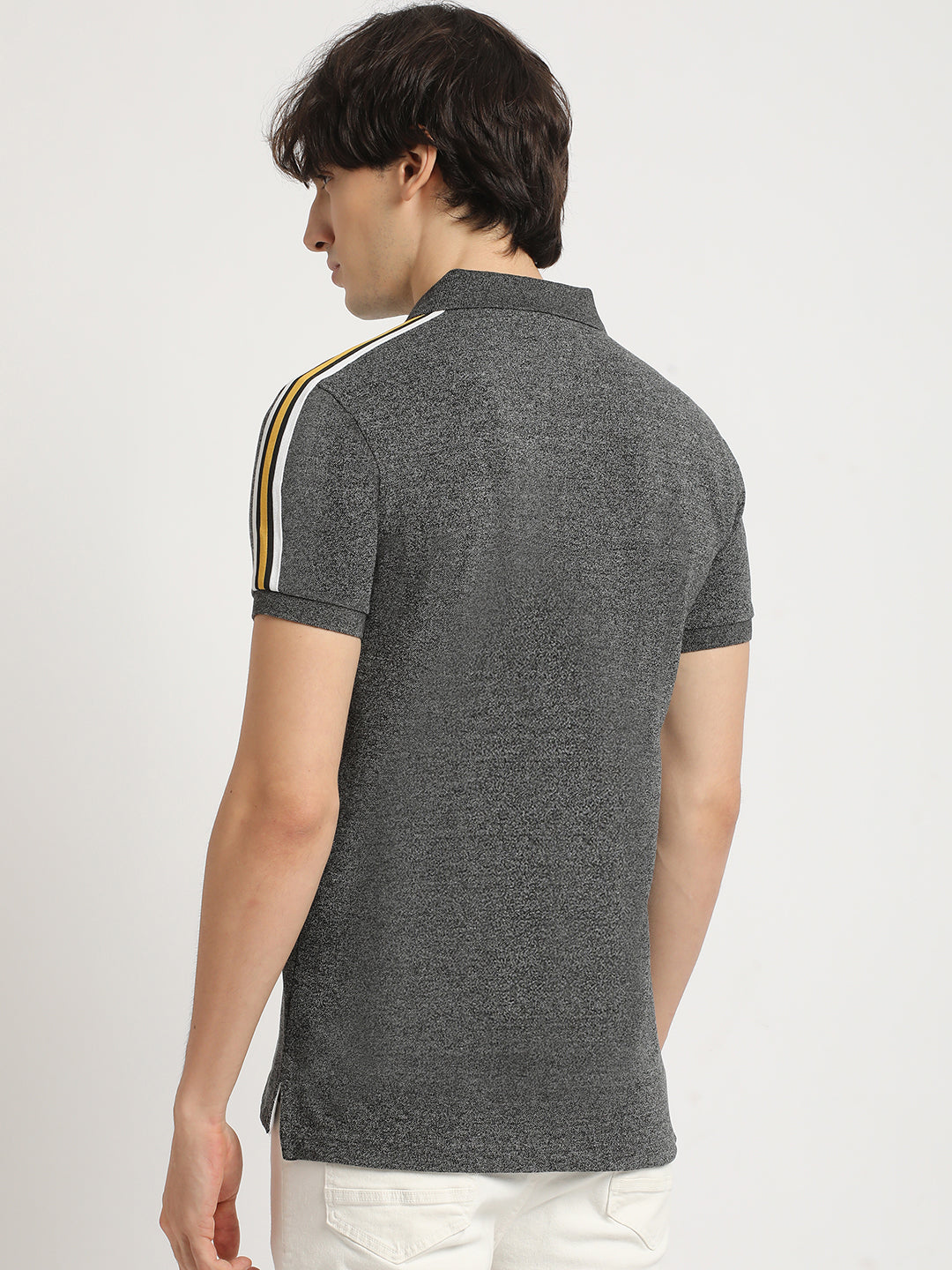 Men Grey Self Design Slim Fit Polo Collar T-shirt