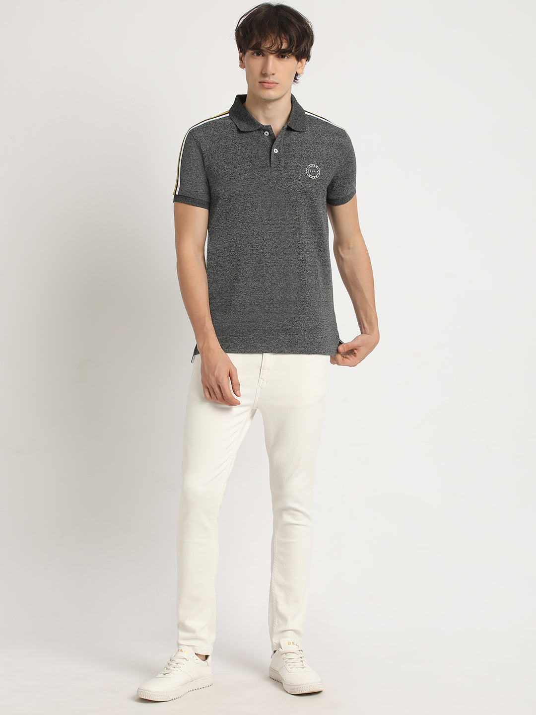 Men Grey Self Design Slim Fit Polo Collar T-shirt