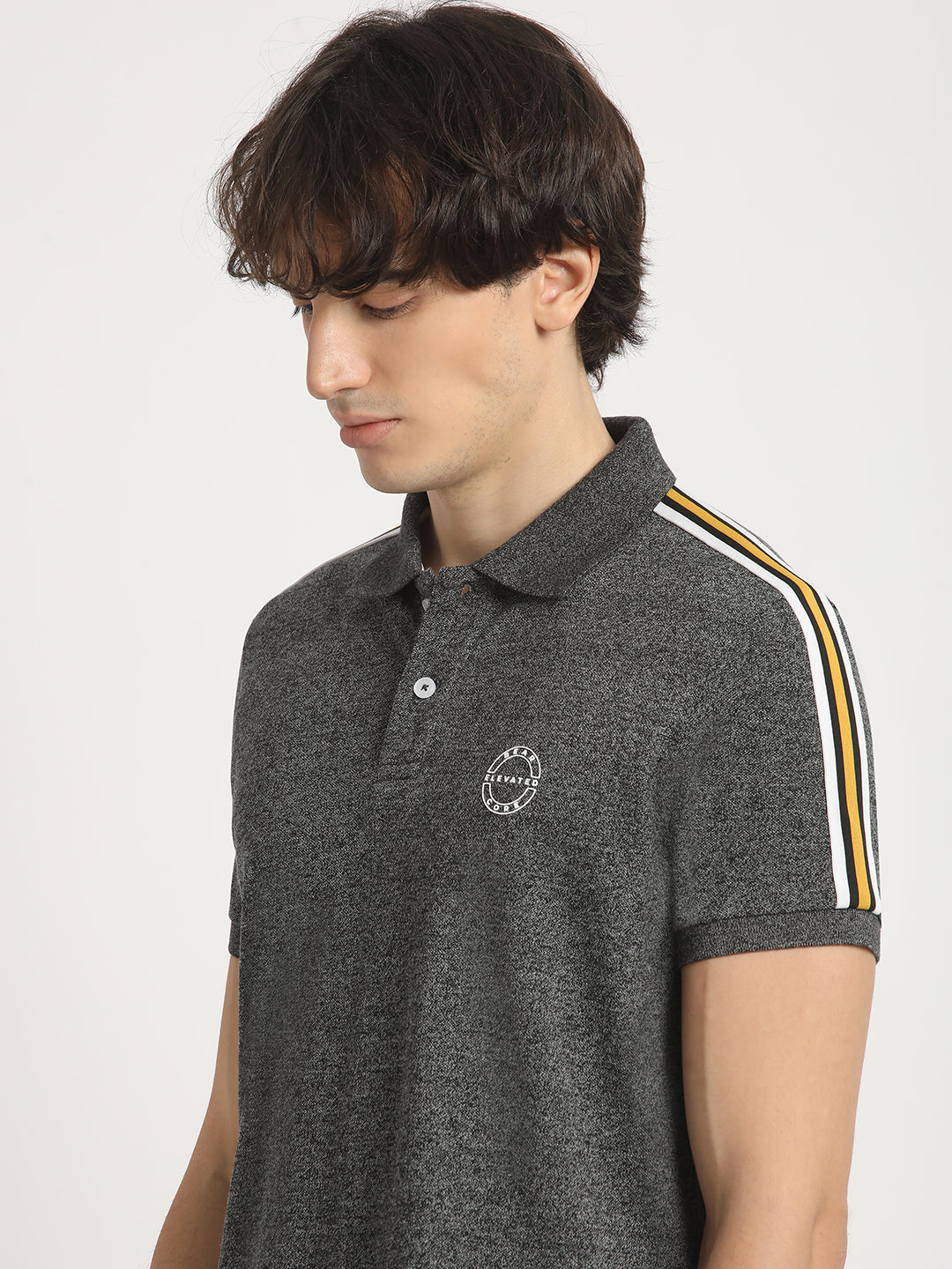 Men Grey Self Design Slim Fit Polo Collar T-shirt