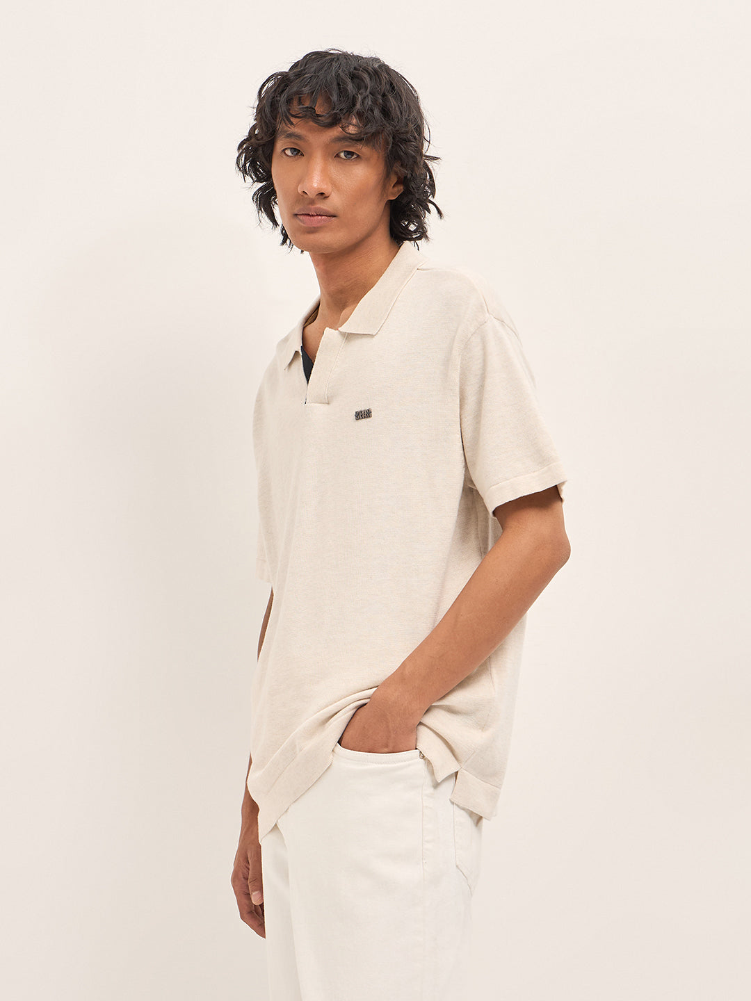 Men Cream Solid Relaxed Fit Polo