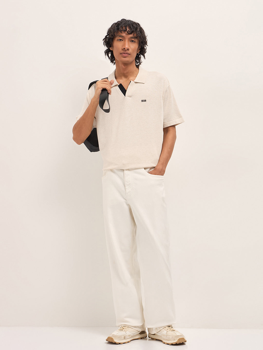 Men Cream Solid Relaxed Fit Polo