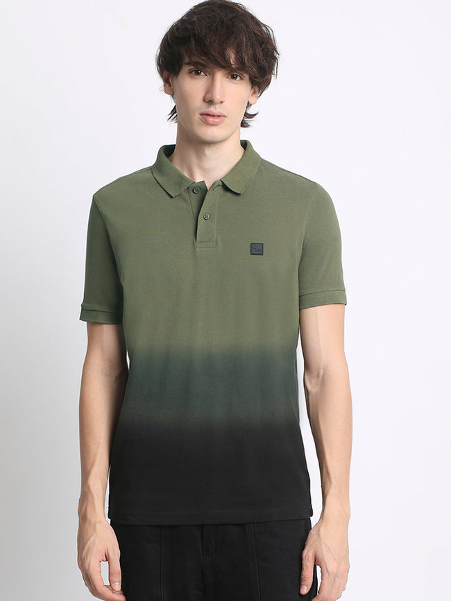 Men  Gradient Olive Green to Black Polo T-Shirt